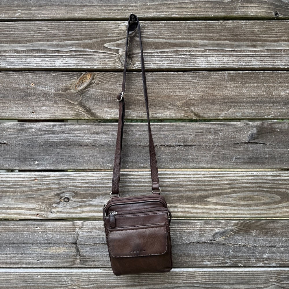 Vintage Fossil Brown Leather Organizer Crossbody Bag Functional Retro Classic - Picture 3 of 13